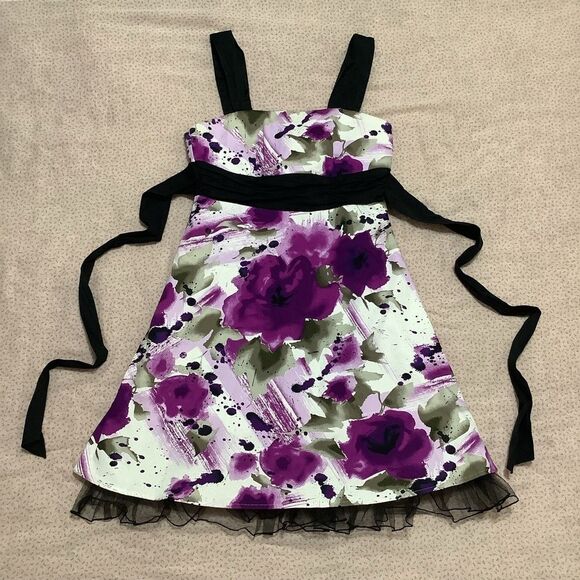 Vintage Y2K Purple Floral Dark Feminine Romantic Emo Scene Babydoll Dress Sz 7 - Picture 2 of 13